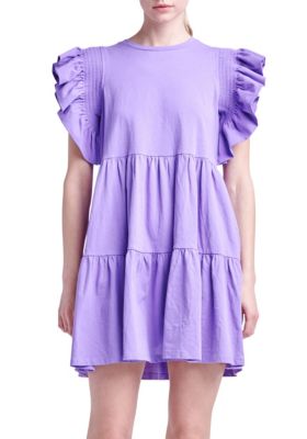 ENGLISH FACTORY Women's Knit Ruffled Mini Dress, Purple, XS