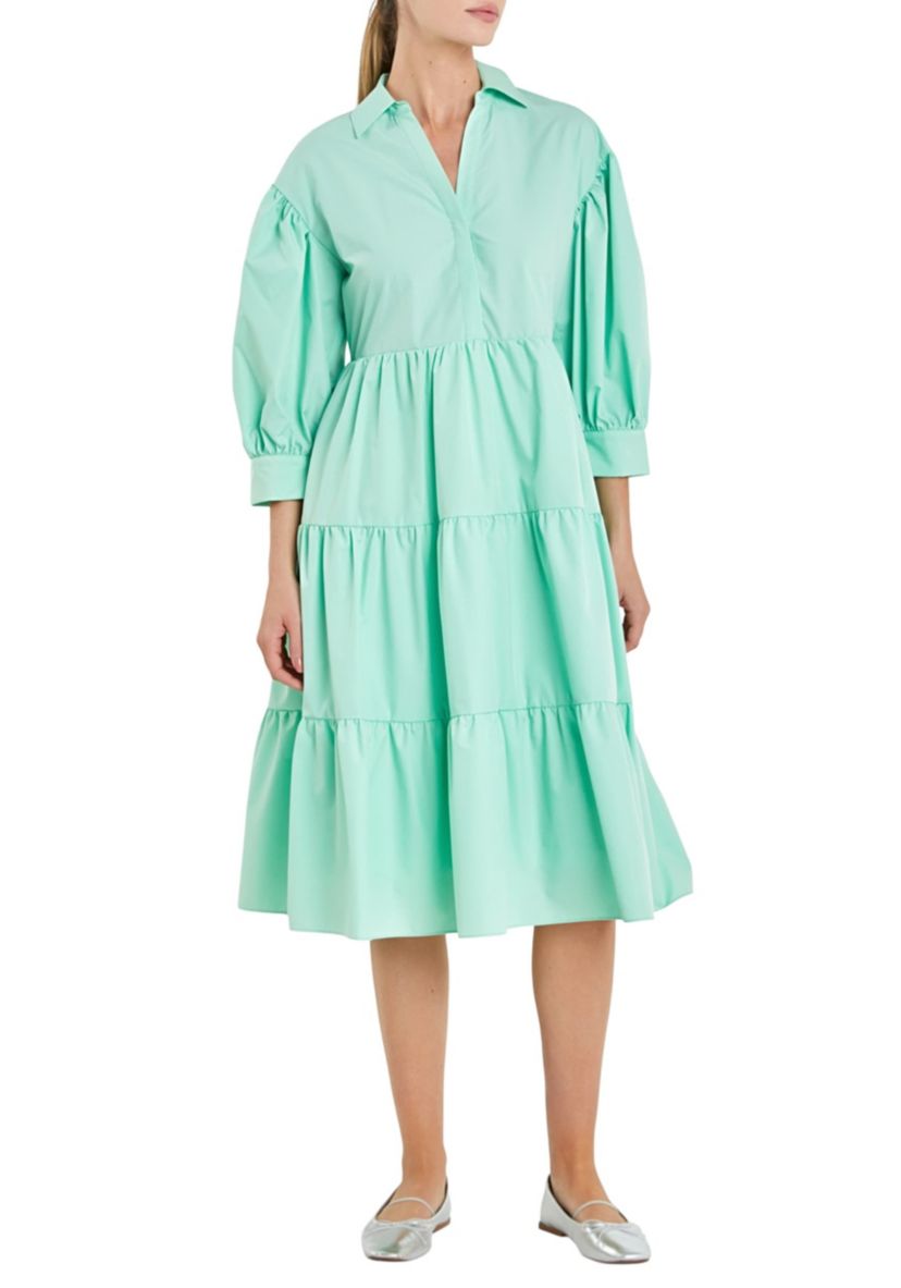 V-neckline Puff Sleeve Midi Dress