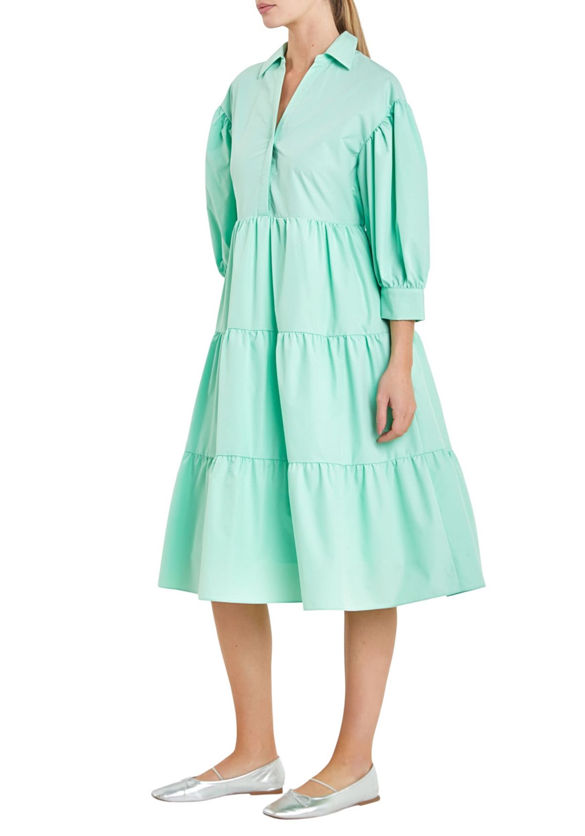 V-neckline Puff Sleeve Midi Dress