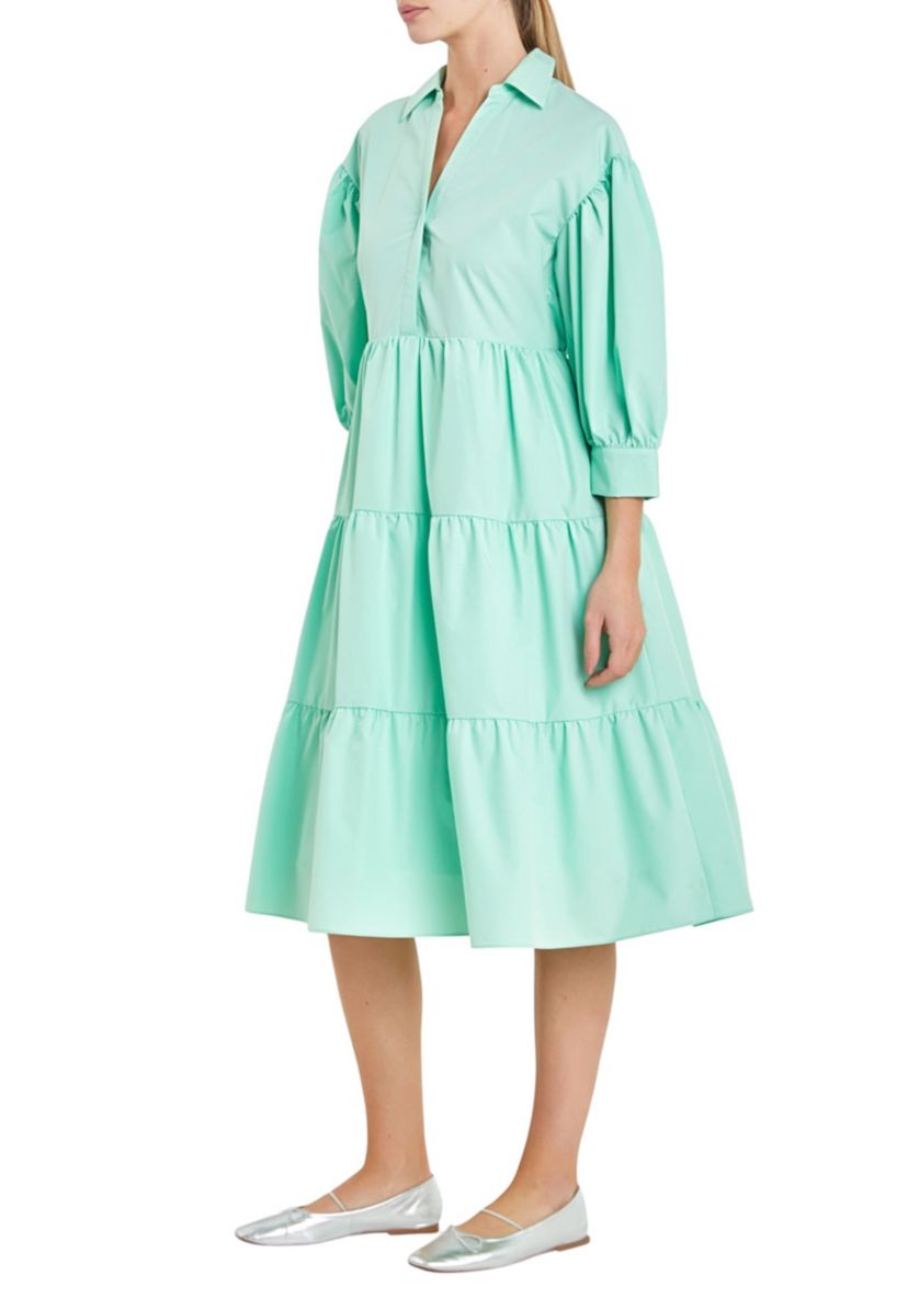 V-neckline Puff Sleeve Midi Dress