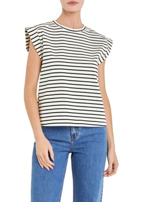 ENGLISH FACTORY Women's Stripe Rib Cotton T-shirt, Small
