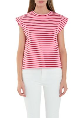 ENGLISH FACTORY Women's Stripe Rib Cotton T-shirt, Large