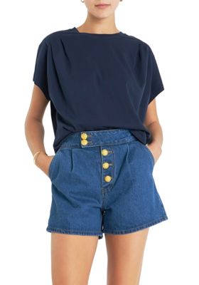 ENGLISH FACTORY Women's Pleated T-Shirt, Navy Blue, Small