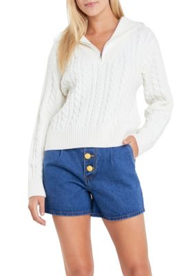 ENGLISH FACTORY Women's Zip Up Knit Top, Ivory, Small
