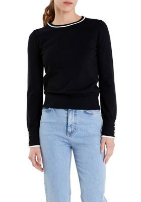 ENGLISH FACTORY Women's Sleeve Button Detail Knit Sweater, Large