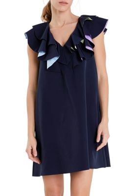ENGLISH FACTORY Women's Multi Color Contrast Mini Dress, Navy Blue, Medium