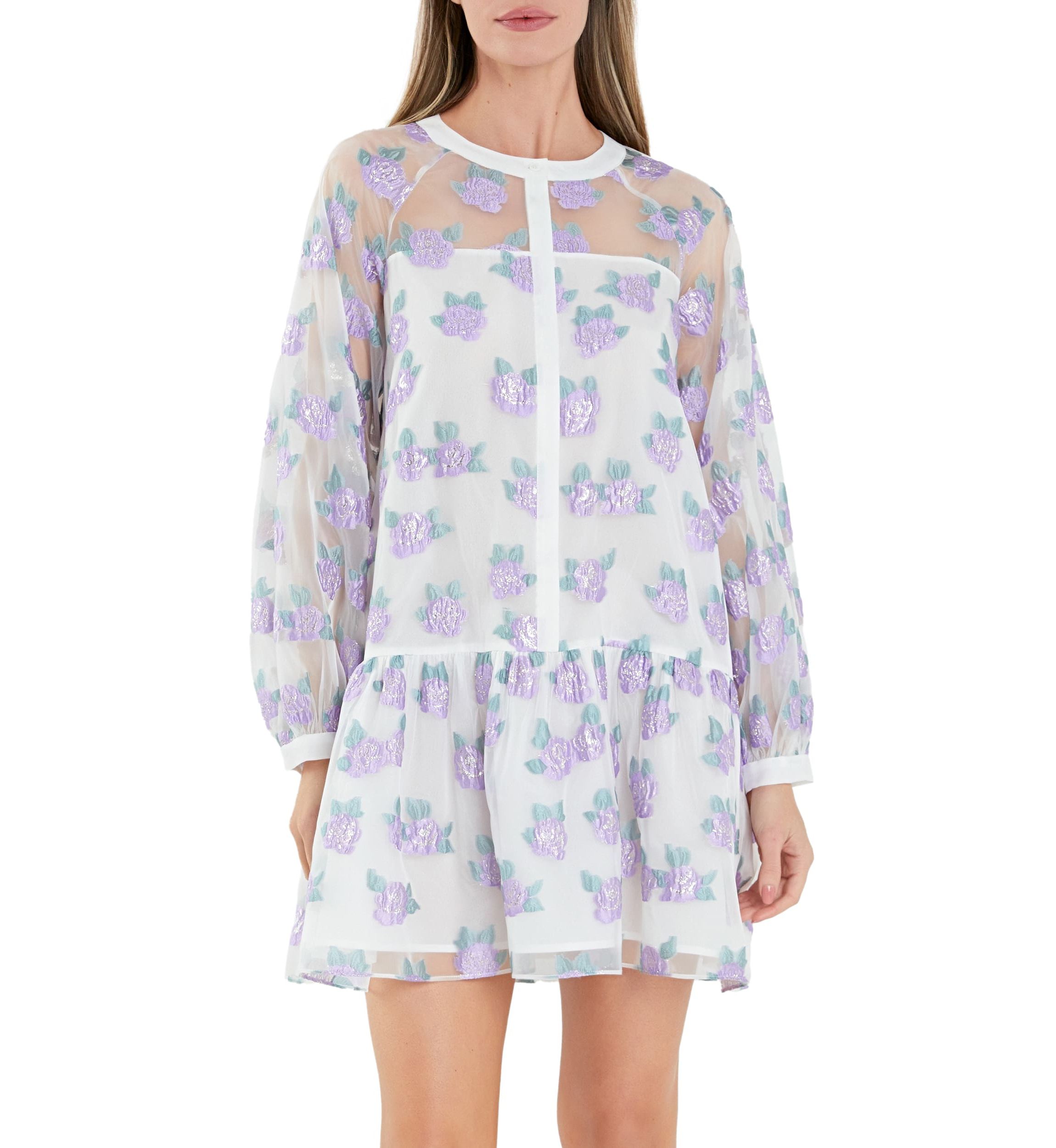 Floral Organza Buttoned Mini Dress