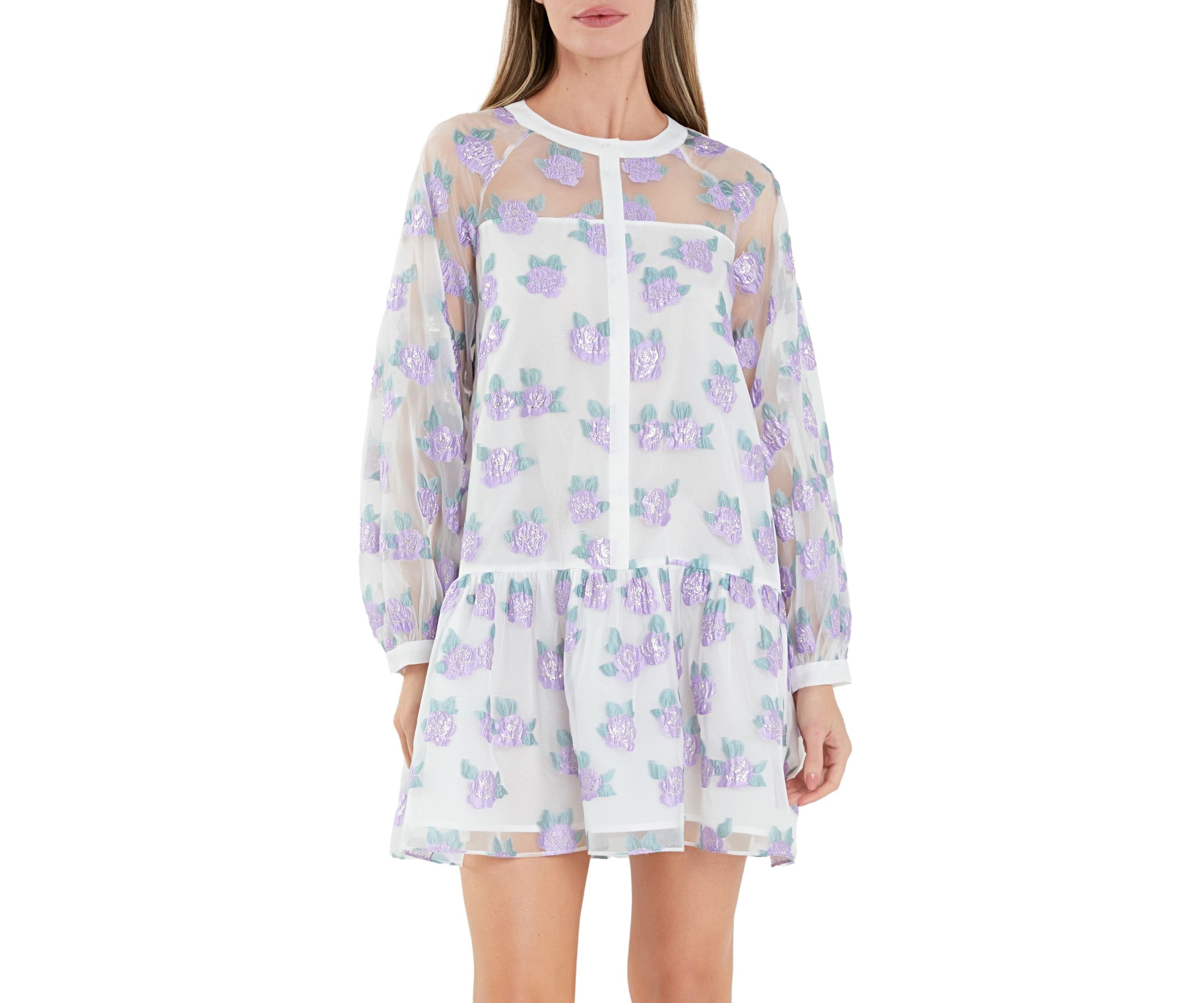 Floral Organza Buttoned Mini Dress