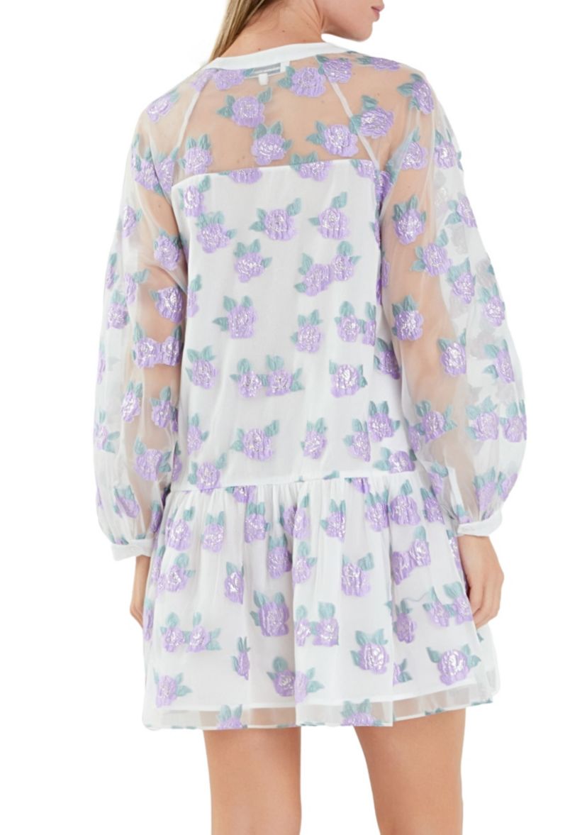 Floral Organza Buttoned Mini Dress