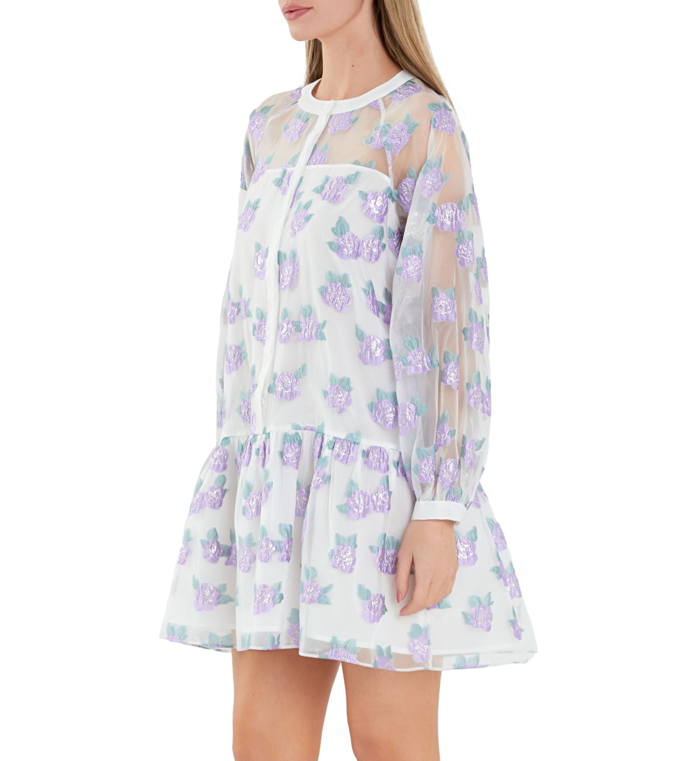 Floral Organza Buttoned Mini Dress