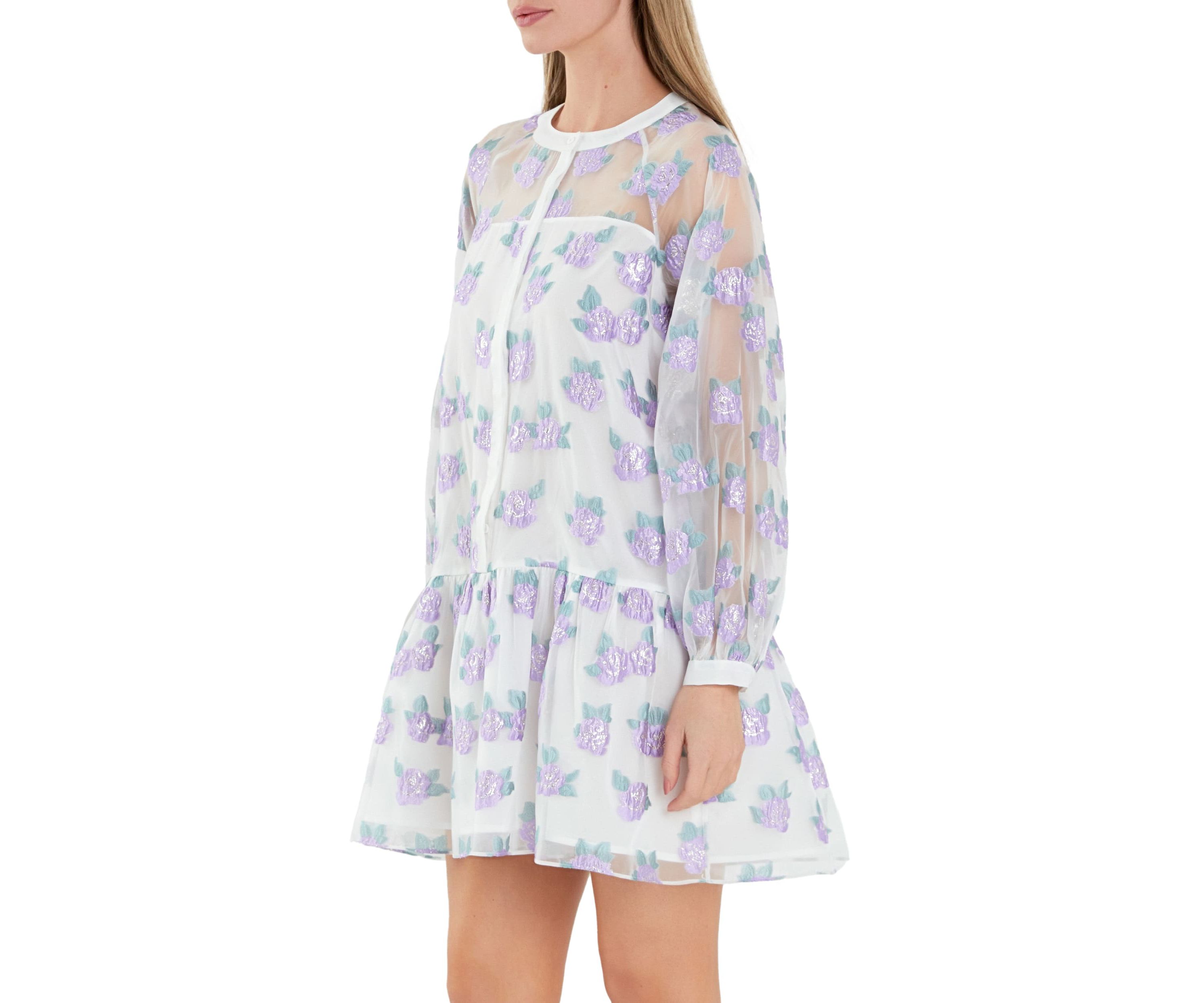 Floral Organza Buttoned Mini Dress
