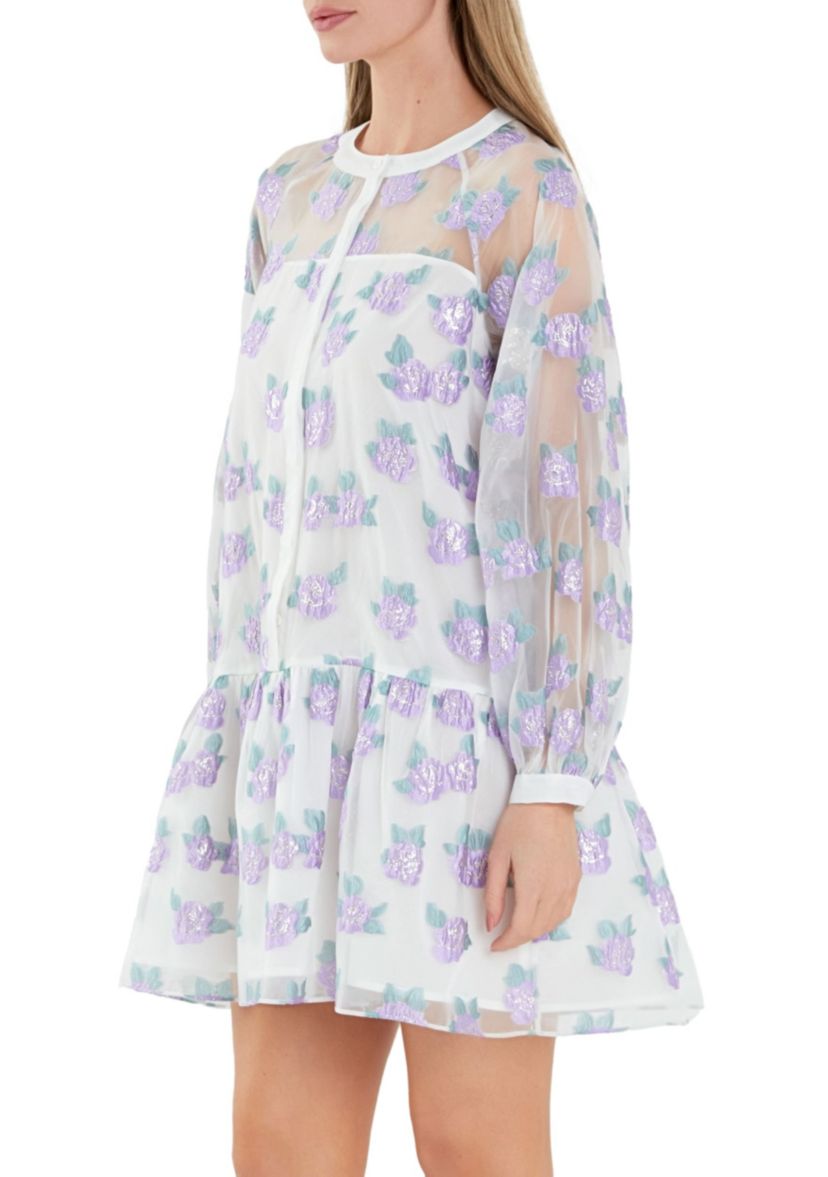 Floral Organza Buttoned Mini Dress
