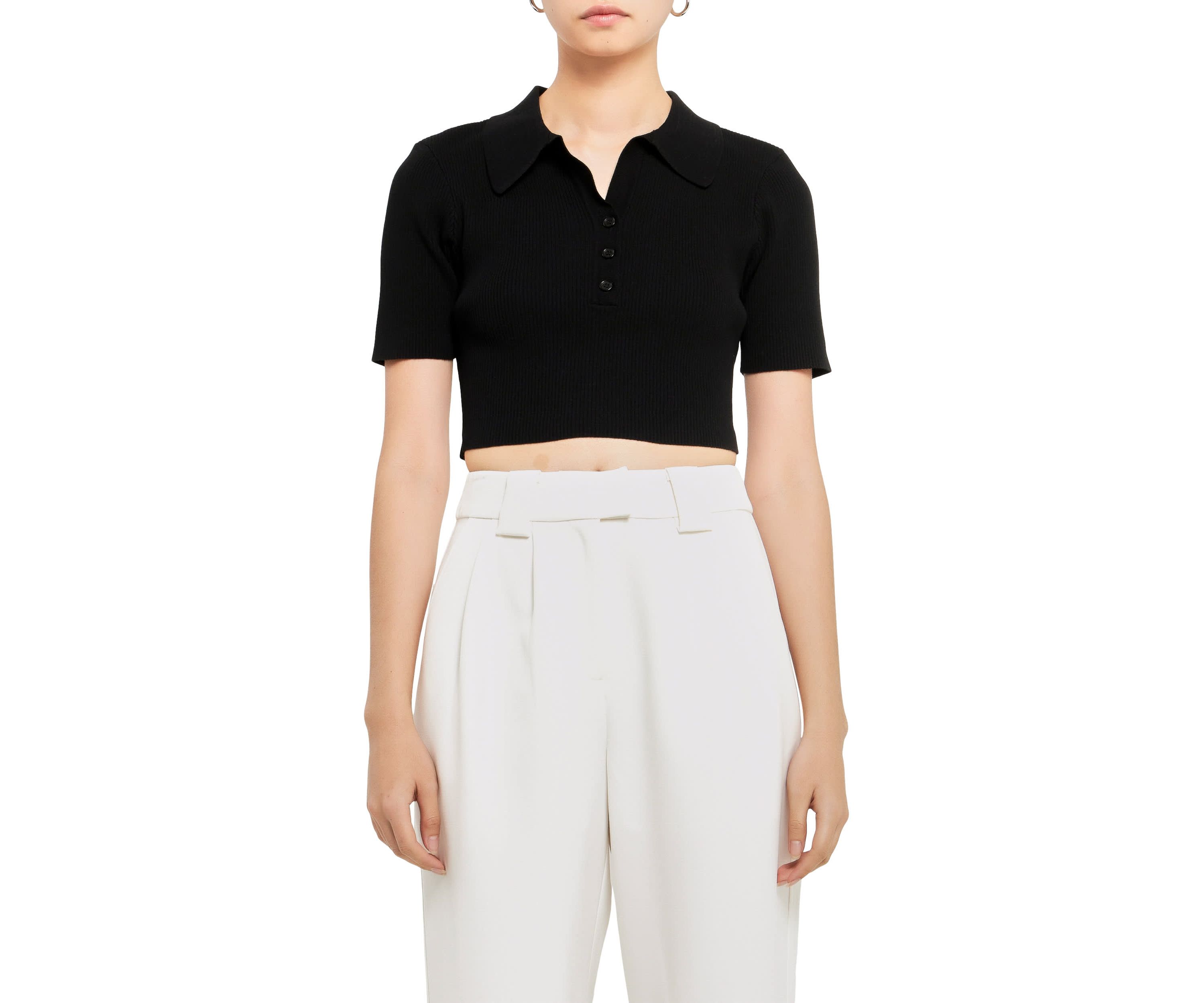 Ribbed Polo Knit Top with Side slit