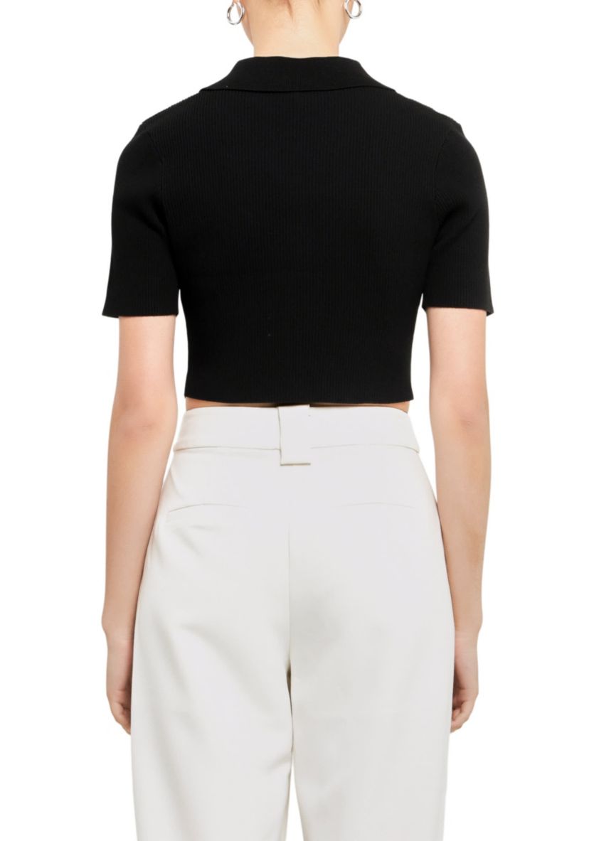 Ribbed Polo Knit Top with Side slit
