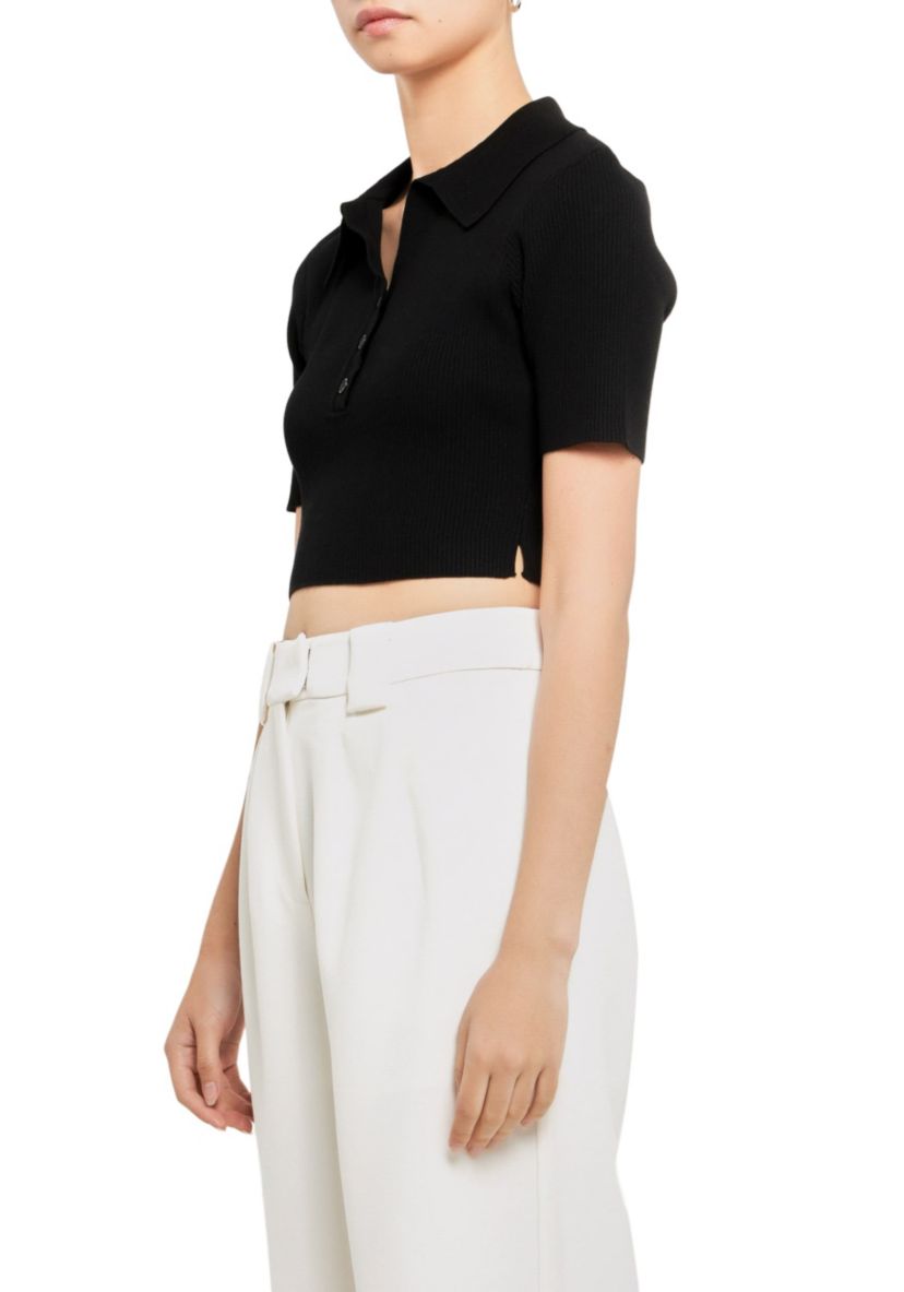 Ribbed Polo Knit Top with Side slit