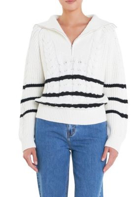 ENGLISH FACTORY Women's Stripe Zip up Sweater, Medium