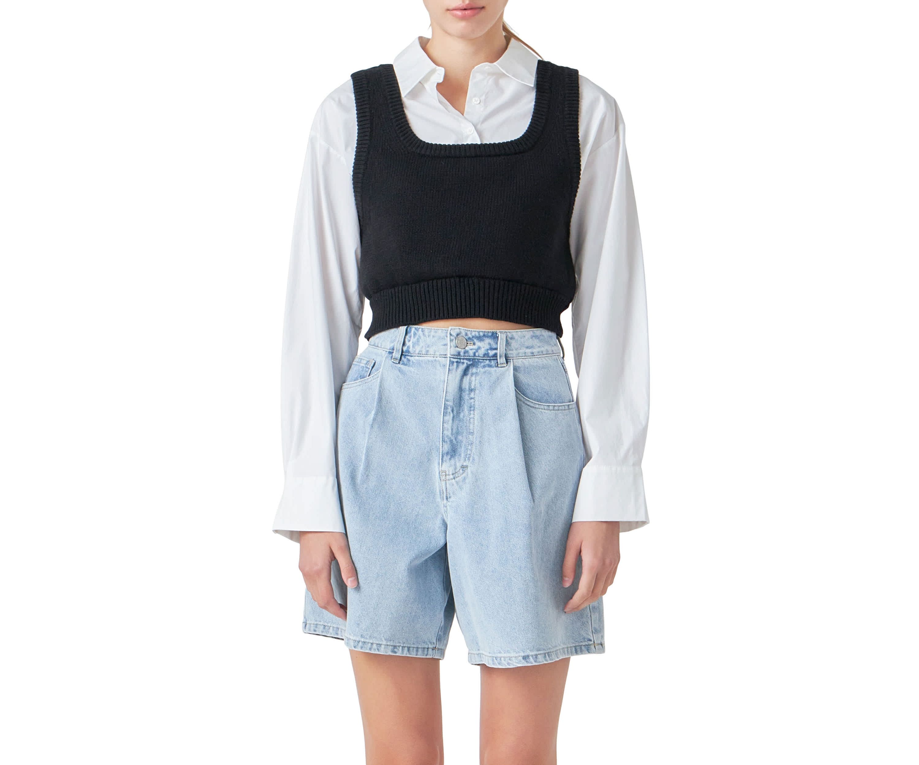 Cropped Knit Top Over Shirt