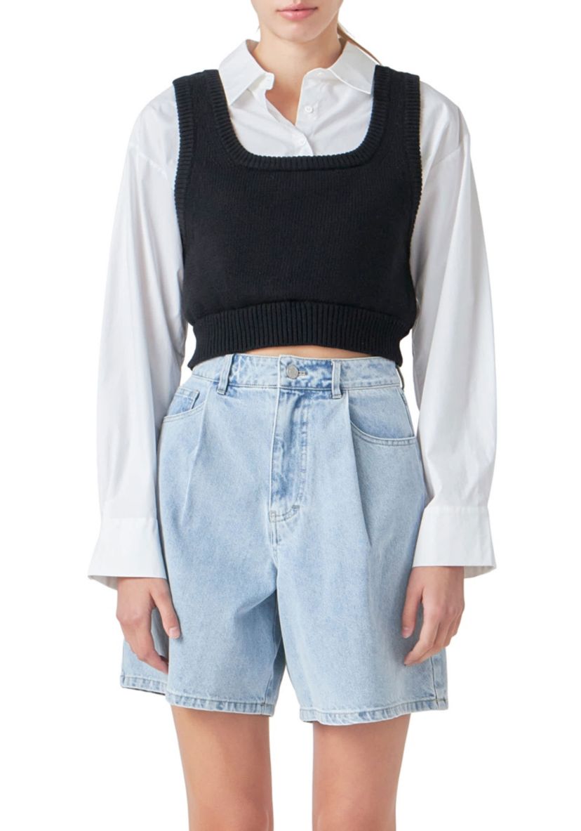 Cropped Knit Top Over Shirt