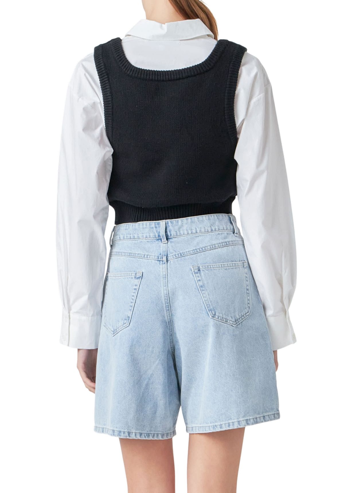 Cropped Knit Top Over Shirt