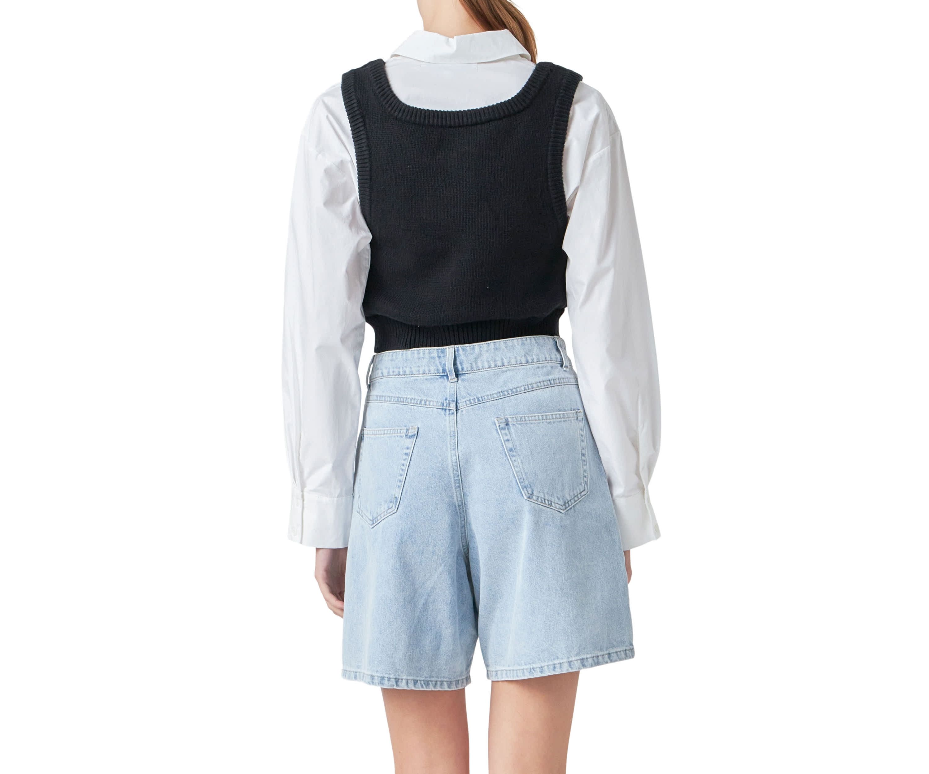 Cropped Knit Top Over Shirt