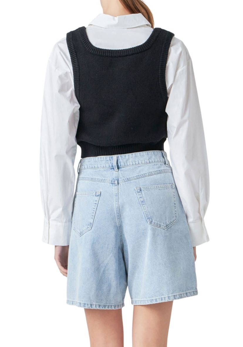 Cropped Knit Top Over Shirt