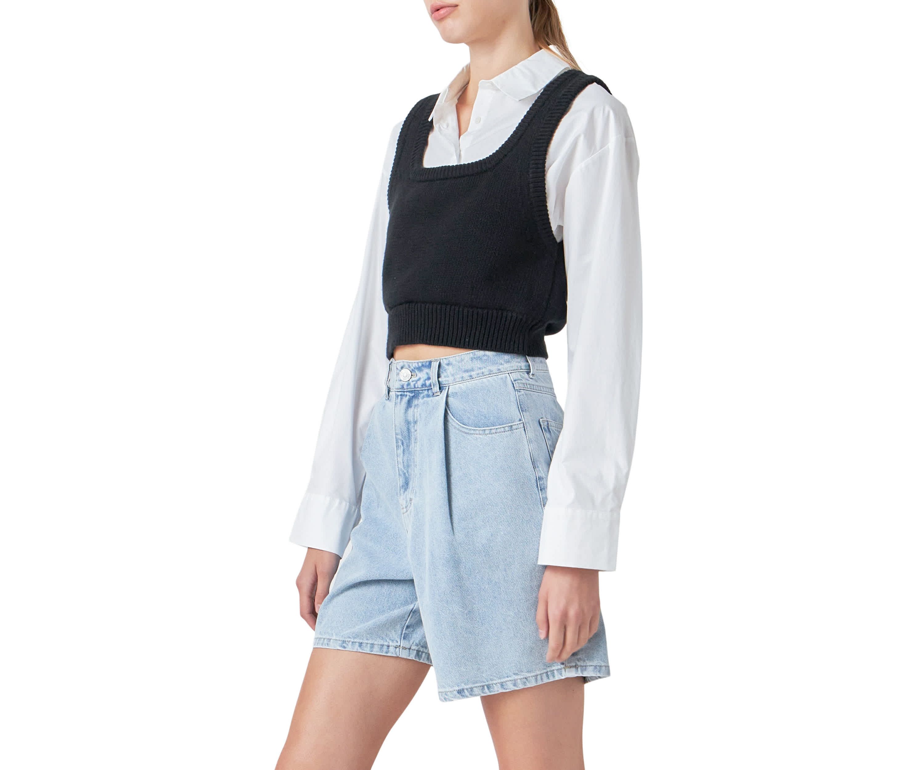 Cropped Knit Top Over Shirt