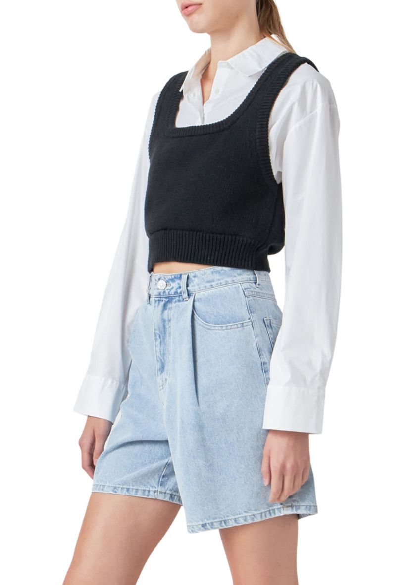 Cropped Knit Top Over Shirt