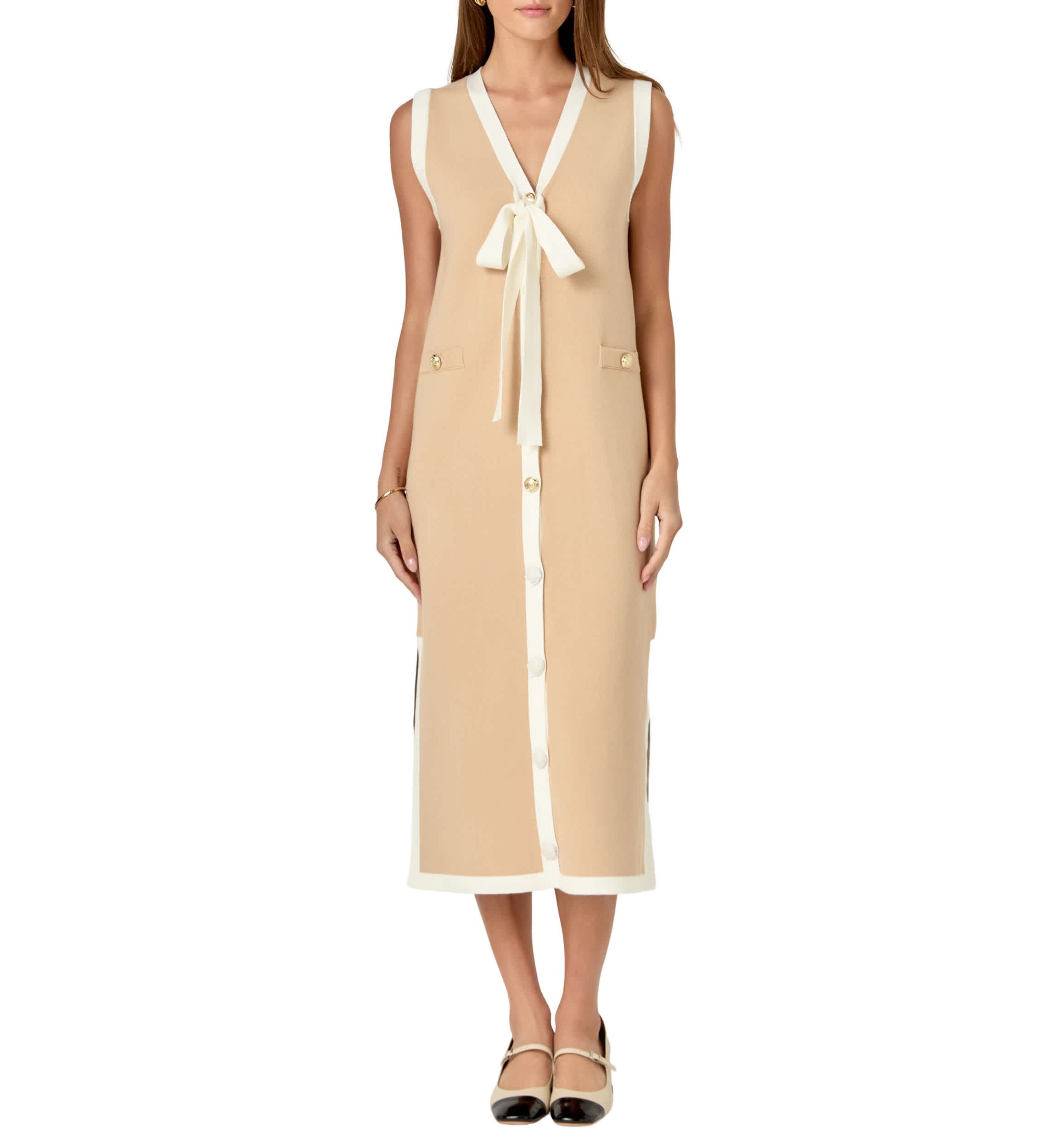 Knit Midi Dress With Ribbon Tie