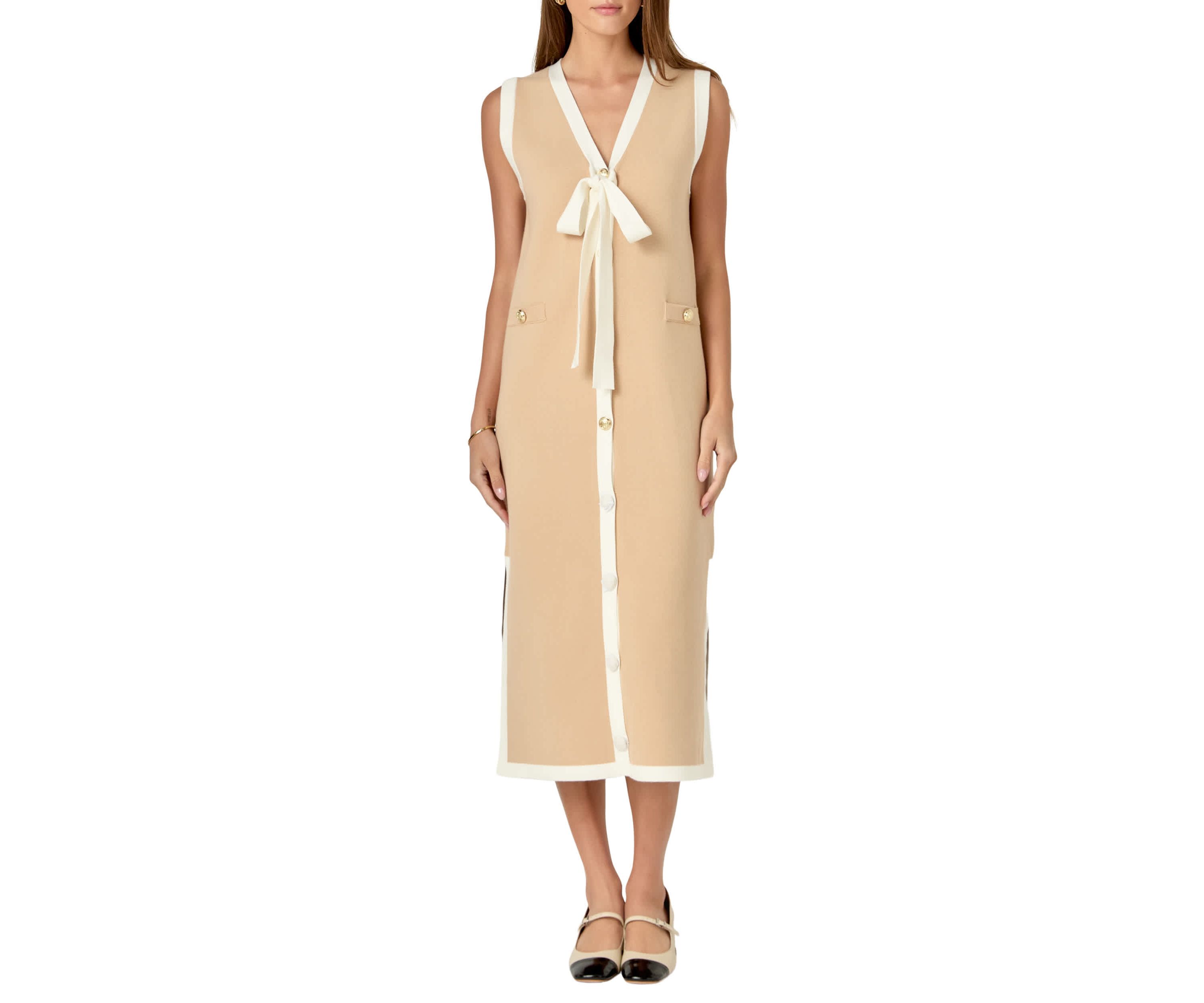 Knit Midi Dress With Ribbon Tie
