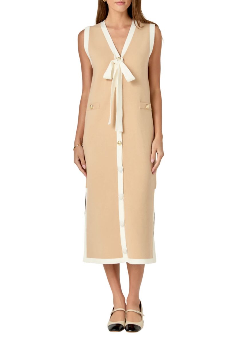 Knit Midi Dress With Ribbon Tie