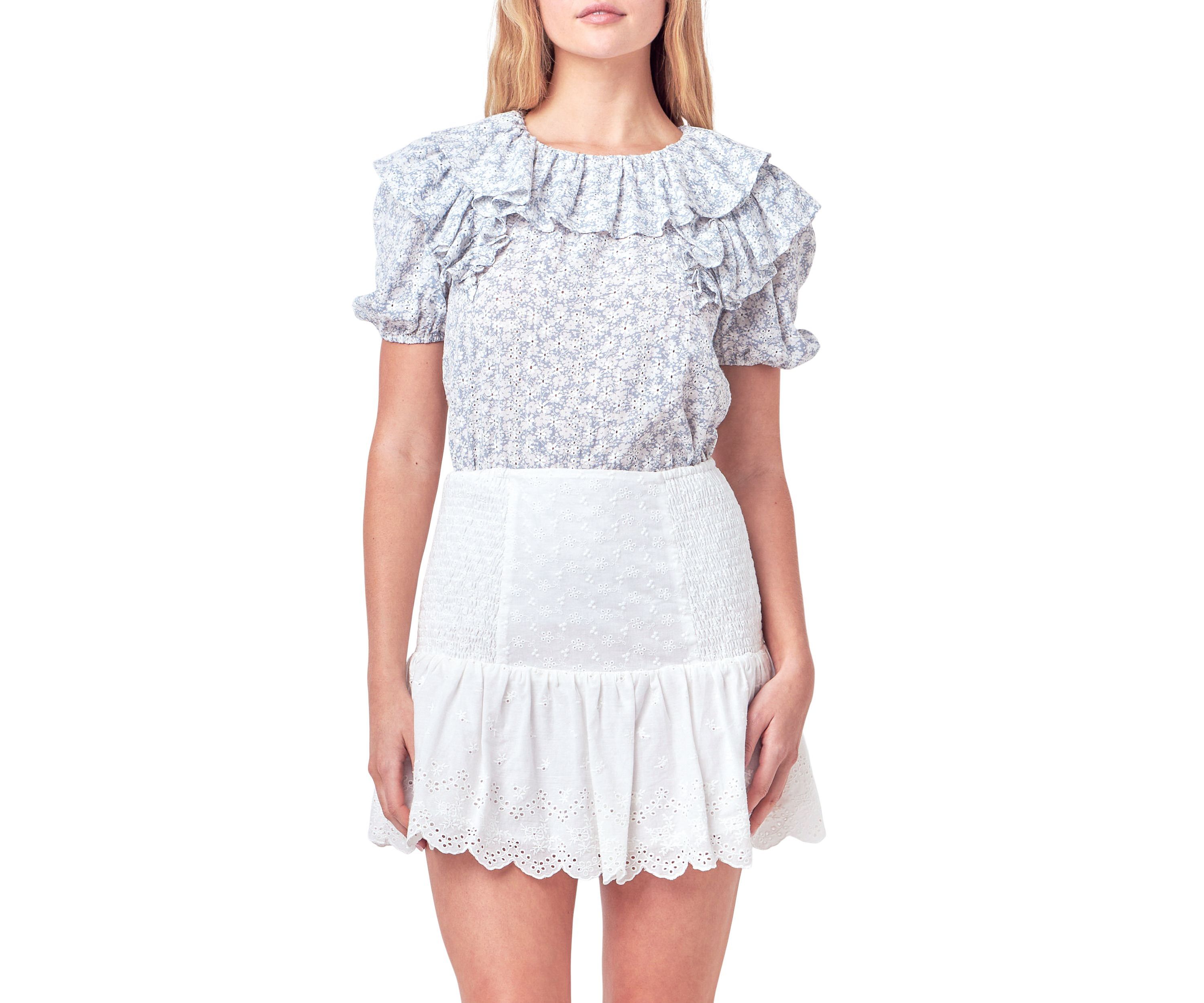 Floral Print Ruffle Top with Puff Sleeves