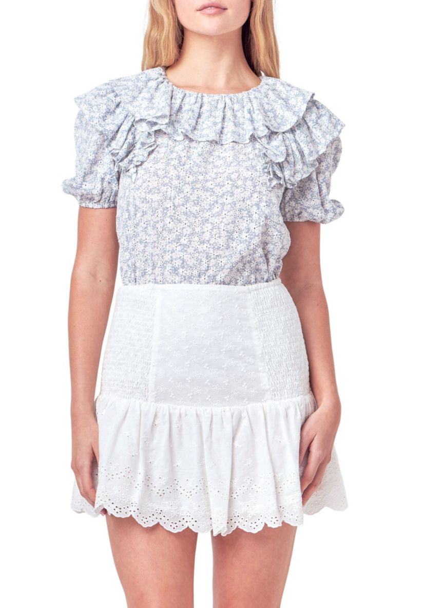 Floral Print Ruffle Top with Puff Sleeves