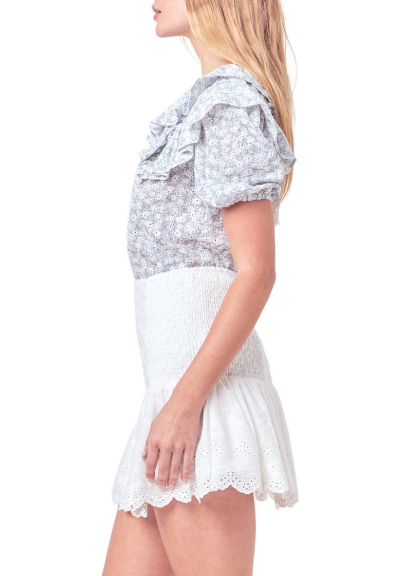 Floral Print Ruffle Top with Puff Sleeves