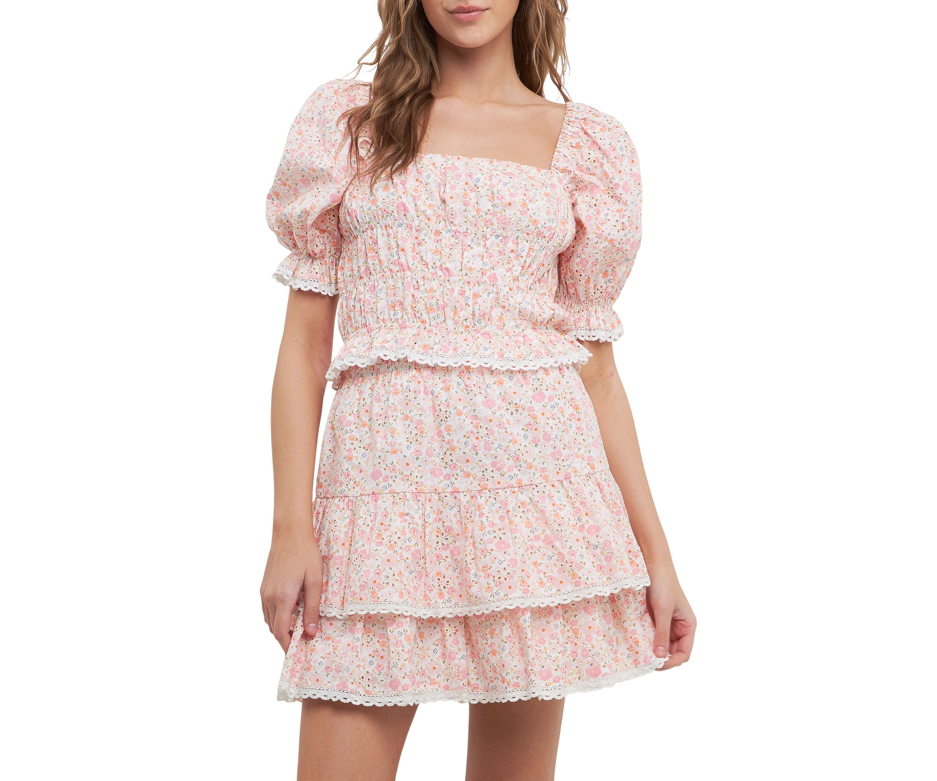 Floral Eyelet Smocked Cropped Top
