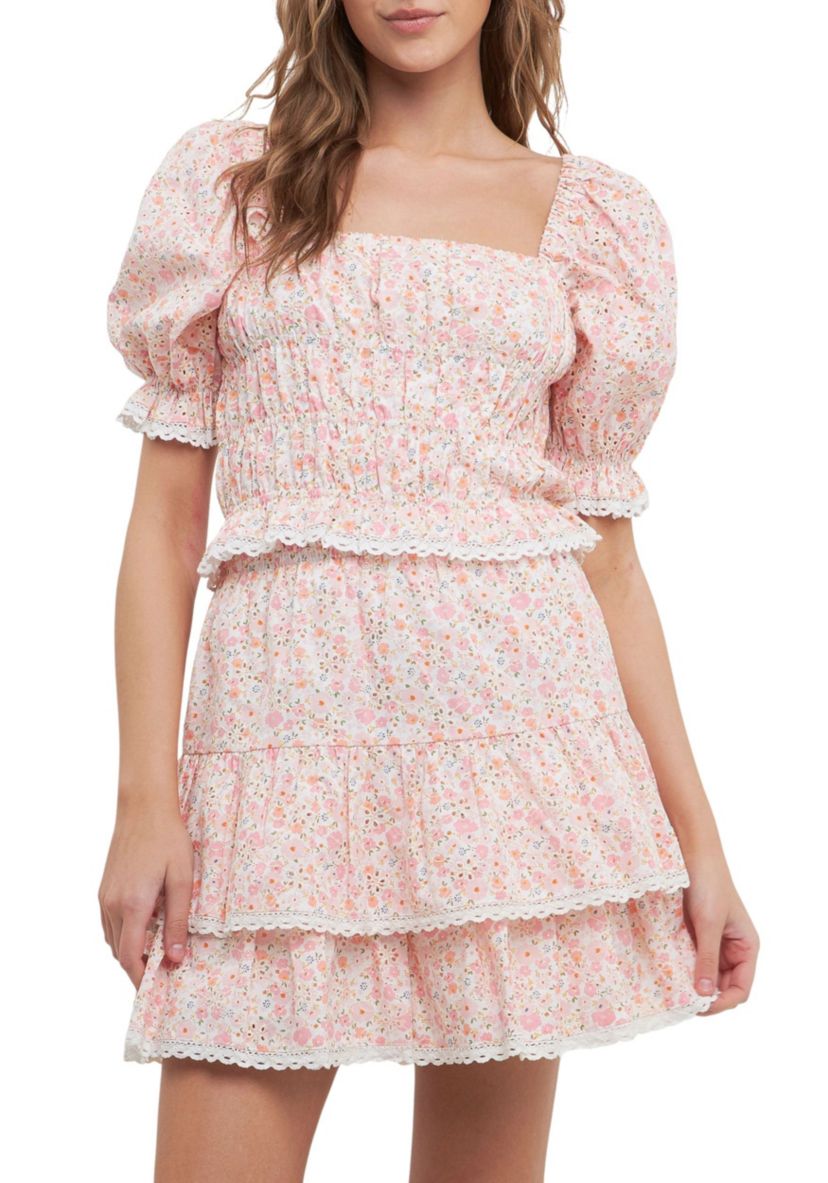 Floral Eyelet Smocked Cropped Top
