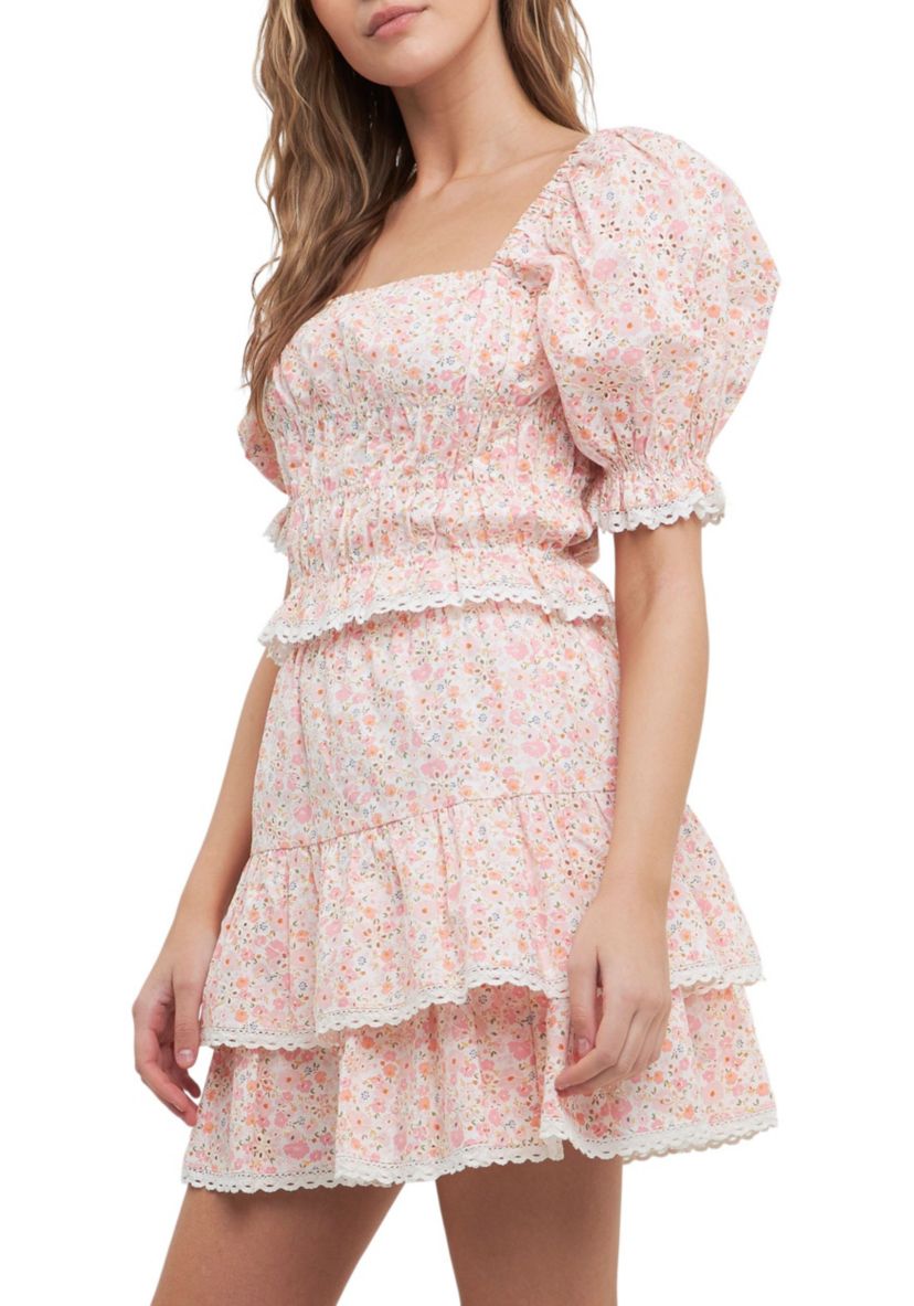 Floral Eyelet Smocked Cropped Top