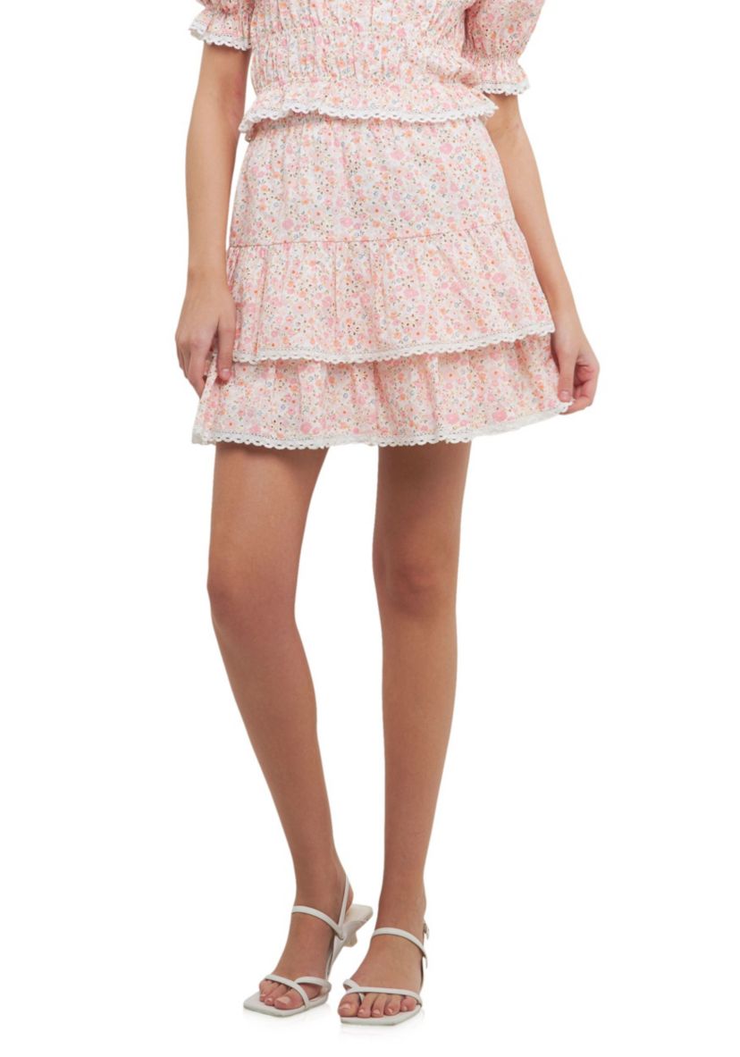 Floral Eyelet Ruffled Mini Skirt