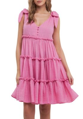 Free The Roses Women's 3 Tiers Tie Shoulder Mini Dress, Fuchsia, Large