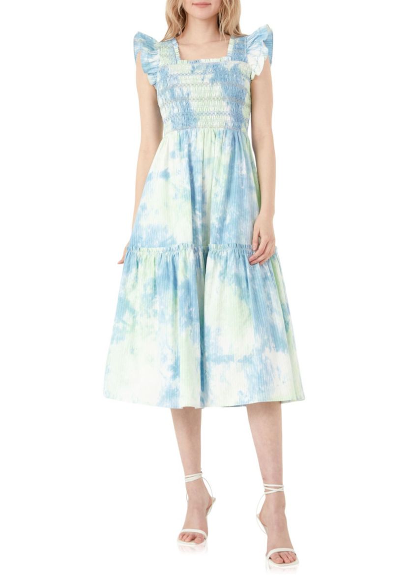 Tie-dye Smocked Detail Midi Dress
