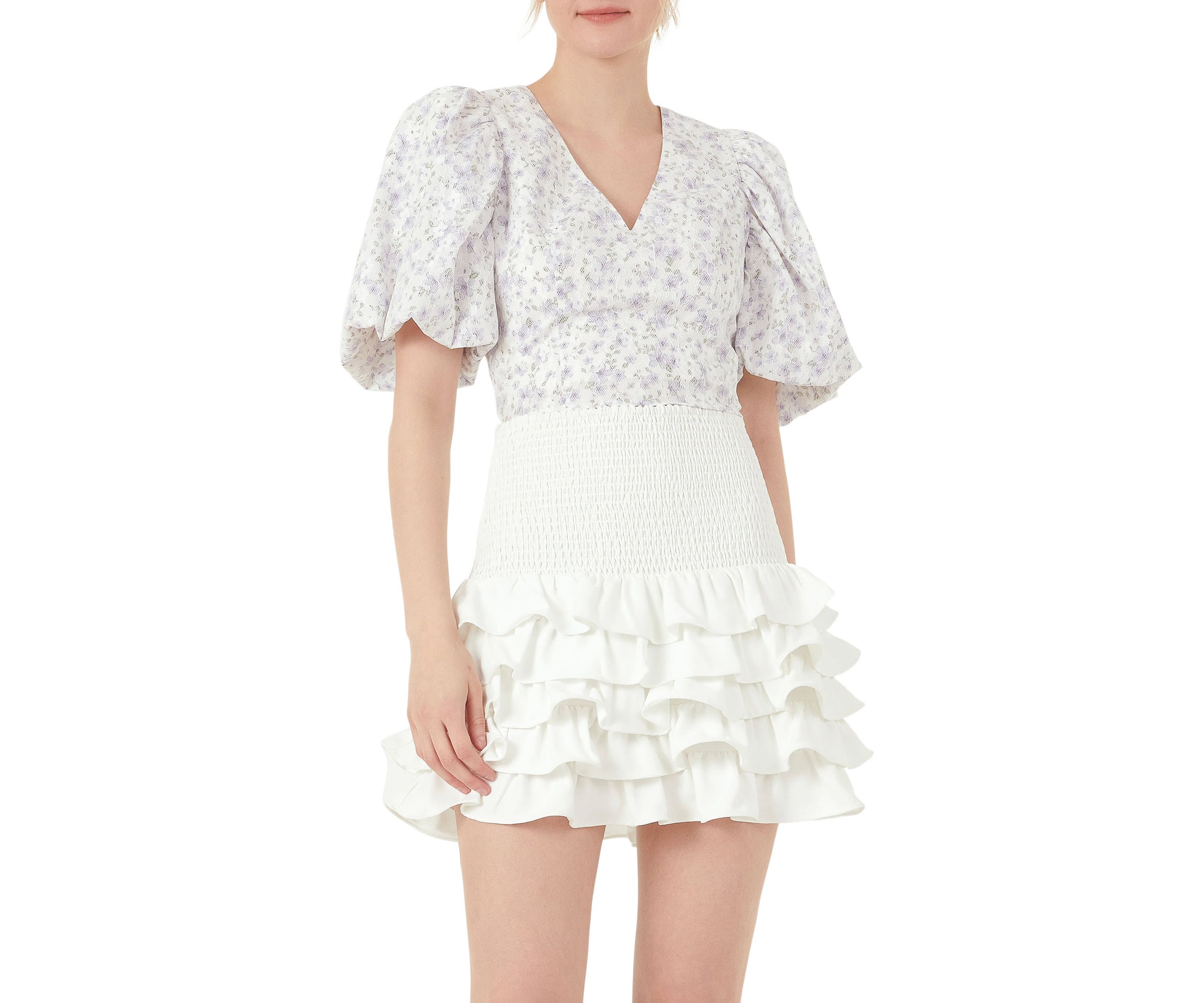 Floral Balloon Sleeve Top with Lace Texture
