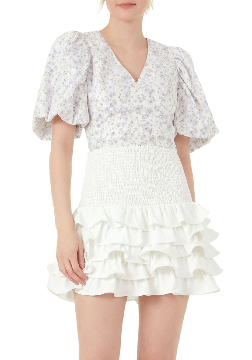 Floral Balloon Sleeve Top with Lace Texture