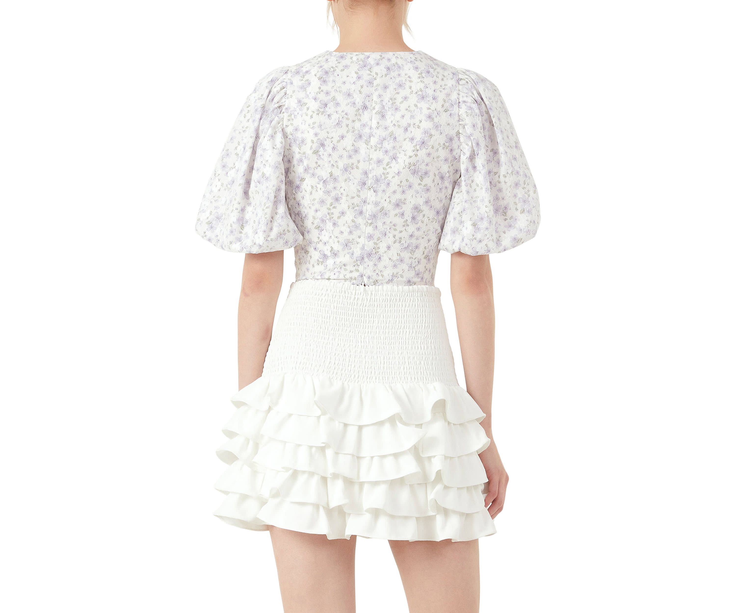 Floral Balloon Sleeve Top with Lace Texture