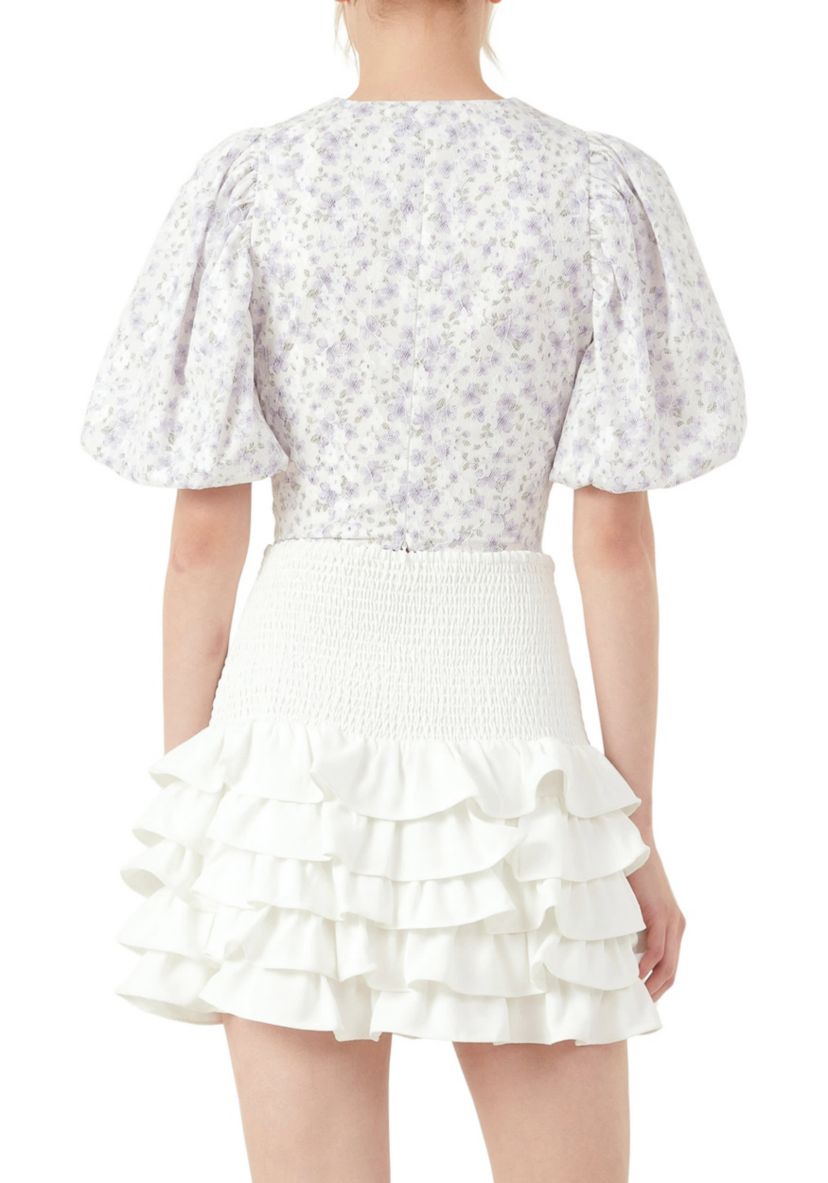 Floral Balloon Sleeve Top with Lace Texture