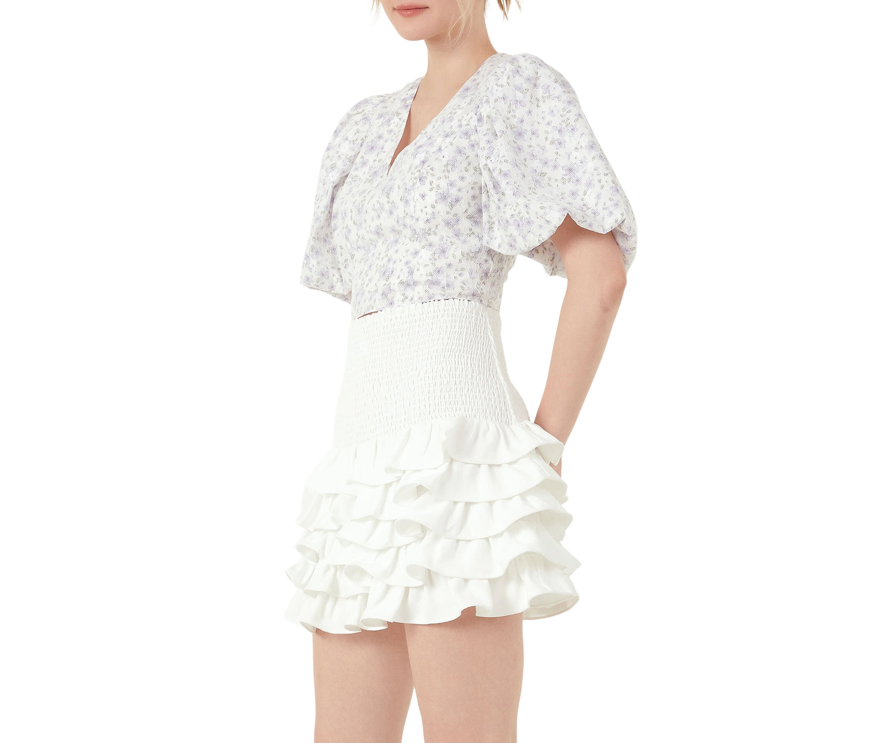 Floral Balloon Sleeve Top with Lace Texture