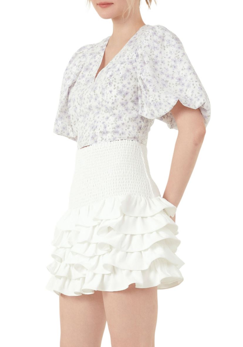 Floral Balloon Sleeve Top with Lace Texture