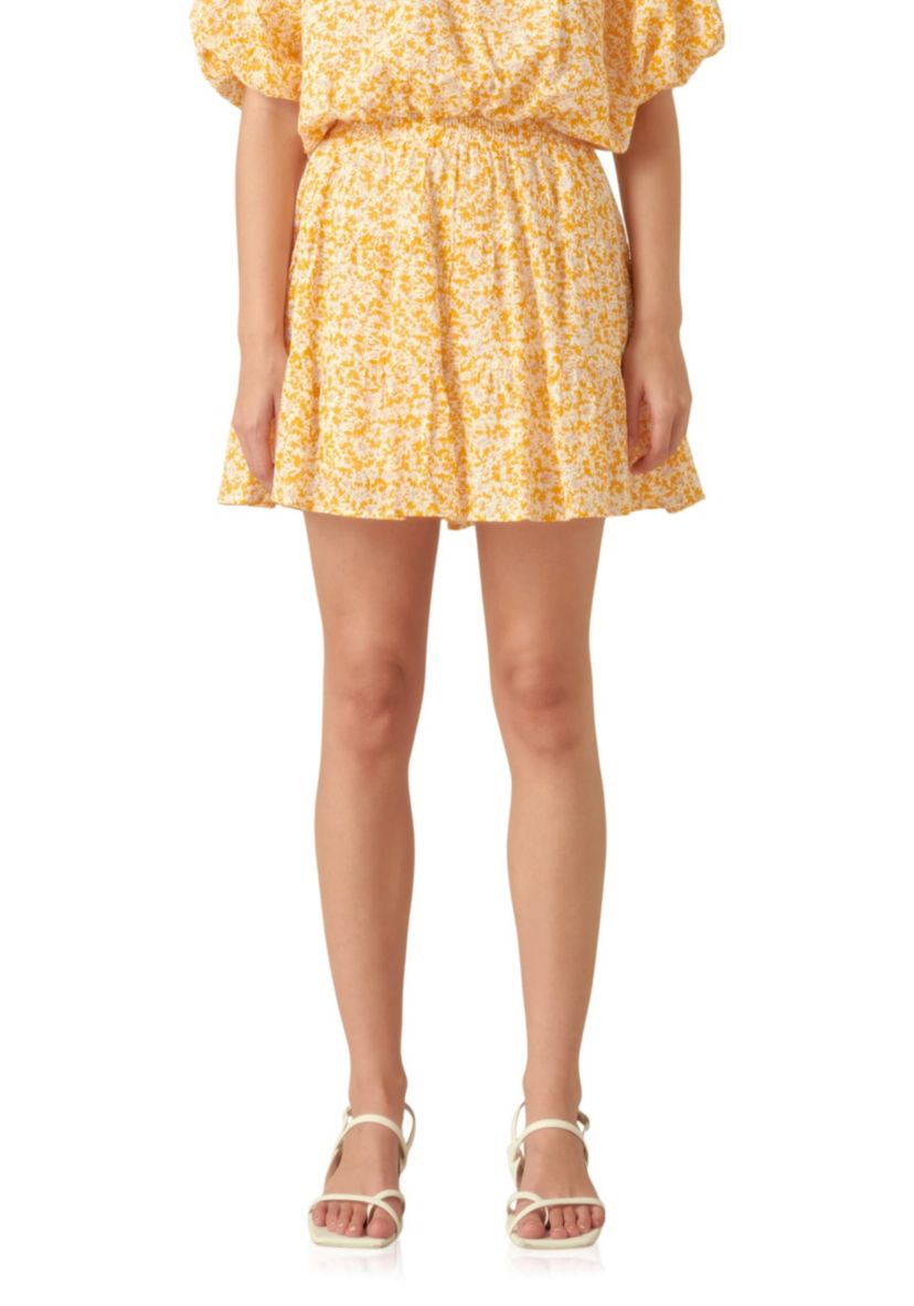 Crinkled Floral Linen Mini Skirt with Elastic Band