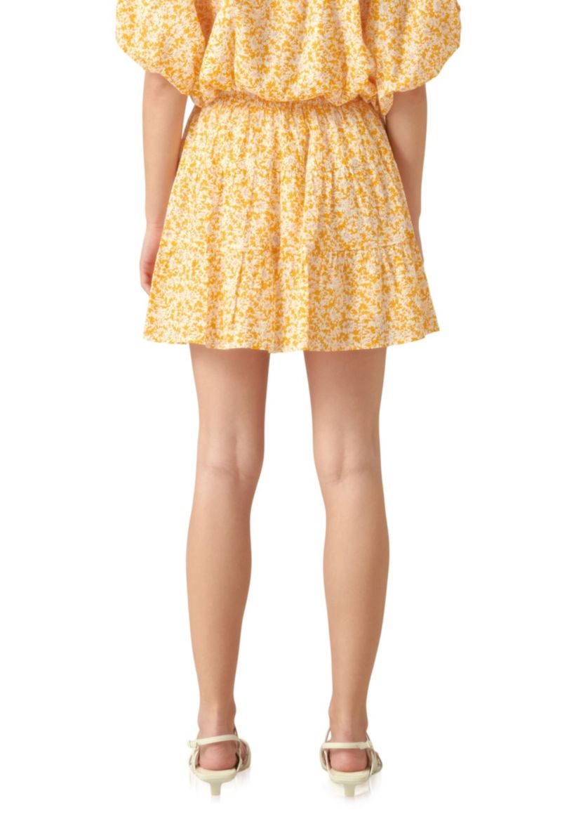 Crinkled Floral Linen Mini Skirt with Elastic Band