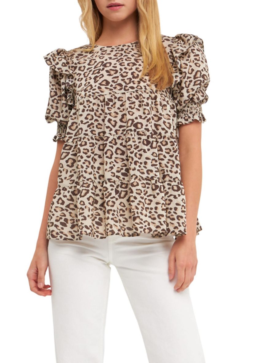Animal Print Tiered Blouse