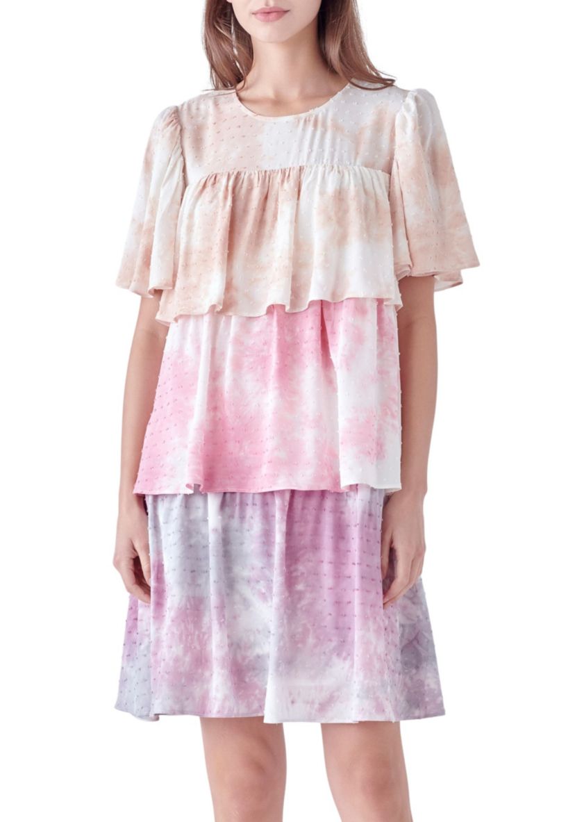 Tie Dye Swiss  Dot Tiered Mini Dress