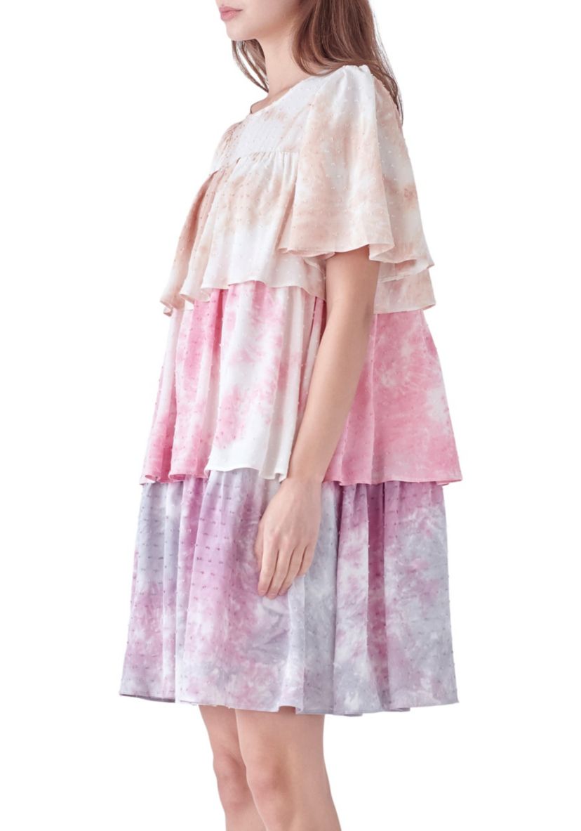 Tie Dye Swiss  Dot Tiered Mini Dress